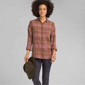 Prana Pink & Brown Aconic Button Down Blouse Small